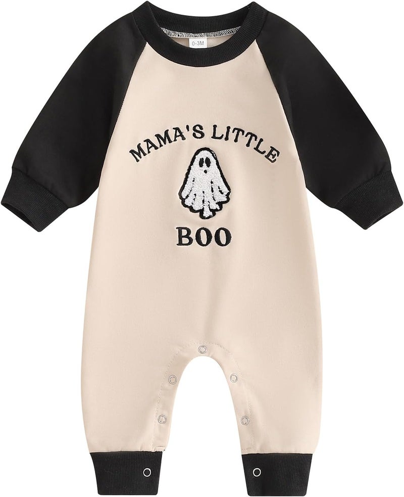 Lamuusaa Newborn Baby Boy Halloween Outfit Mamas Little Boo Embroidery Romper Long Sleeve Ghost Bodysuit Jumpsuit 0-18M - Image 1